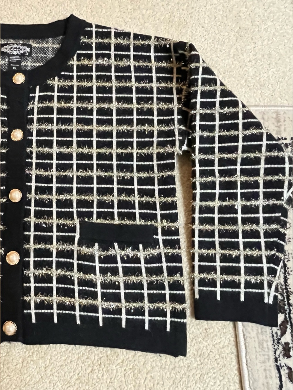 Windowpane Knit Cardiganyy with Pearl-Style Button by Oliver